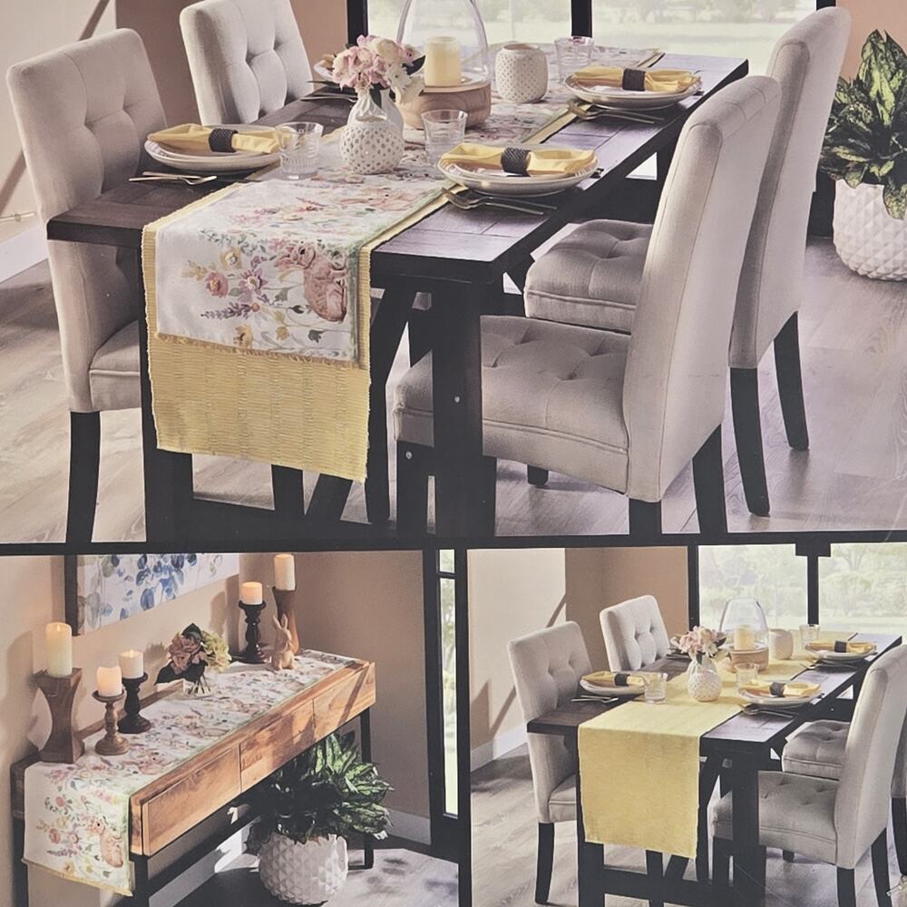Easter Bunny Spring Set Of 2 Table Runners Yellow Metallic 16x90" & 14x72" NEW